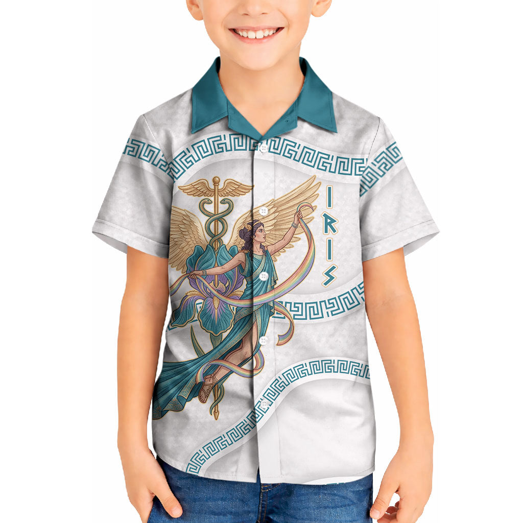 Iris Goddess Kid Hawaiian Shirt Winged Iris Caduceus Staff Rainbow Ribbon Greek Key
