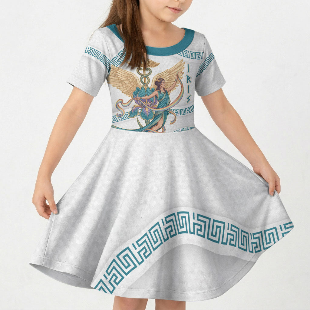 Iris Goddess Kid Short Sleeve Dress Winged Iris Caduceus Staff Rainbow Ribbon Greek Key