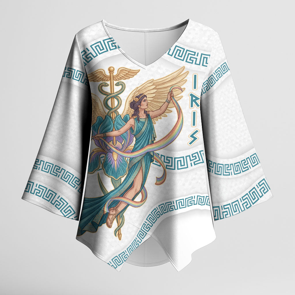 Iris Goddess Kimono Sleeve Blouse Winged Iris Caduceus Staff Rainbow Ribbon Greek Key