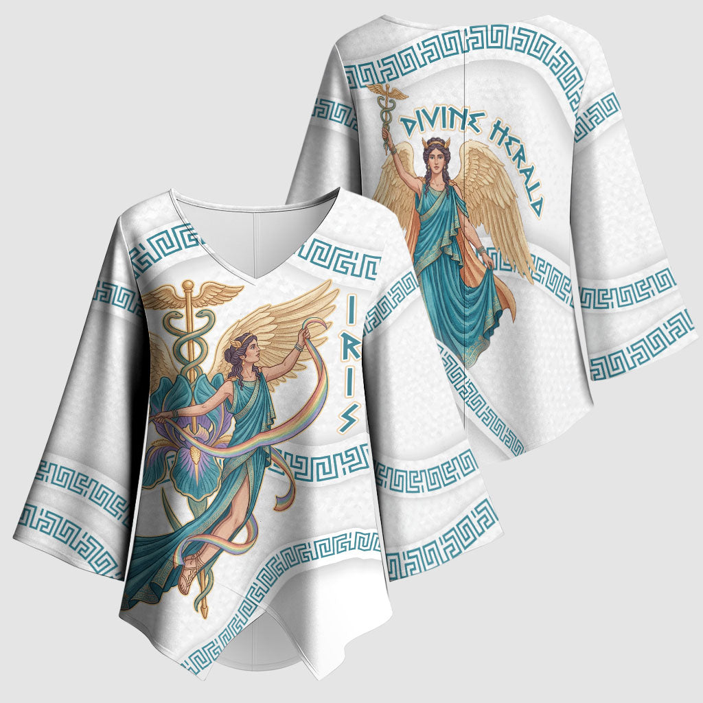 Iris Goddess Kimono Sleeve Blouse Winged Iris Caduceus Staff Rainbow Ribbon Greek Key