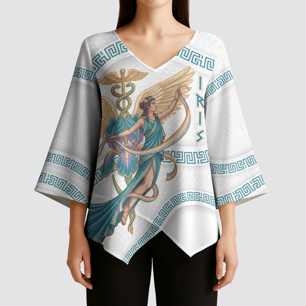 Iris Goddess Kimono Sleeve Blouse Winged Iris Caduceus Staff Rainbow Ribbon Greek Key