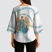 Iris Goddess Kimono Sleeve Blouse Winged Iris Caduceus Staff Rainbow Ribbon Greek Key