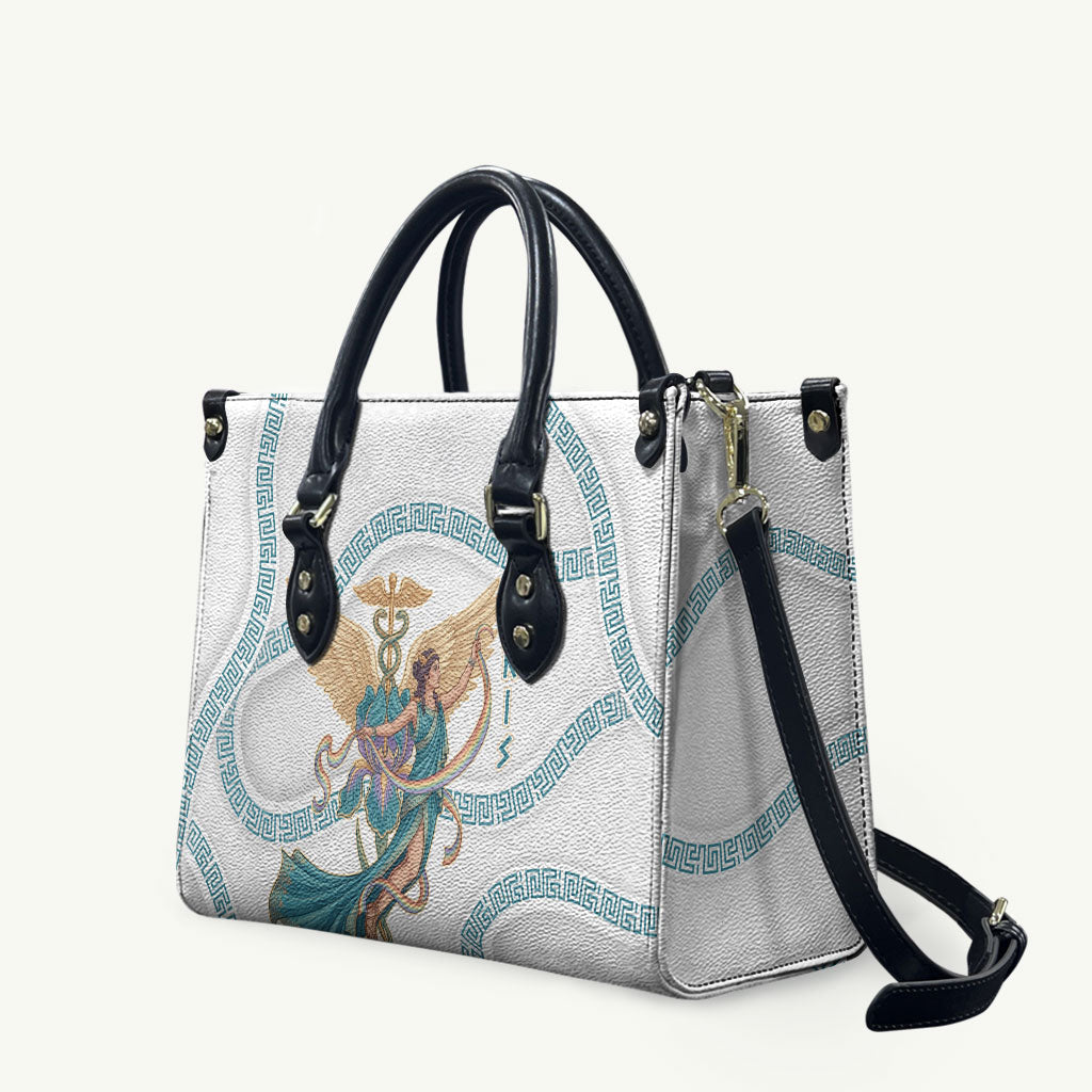 Iris Goddess Leather Bag Winged Iris Caduceus Staff Rainbow Ribbon Greek Key