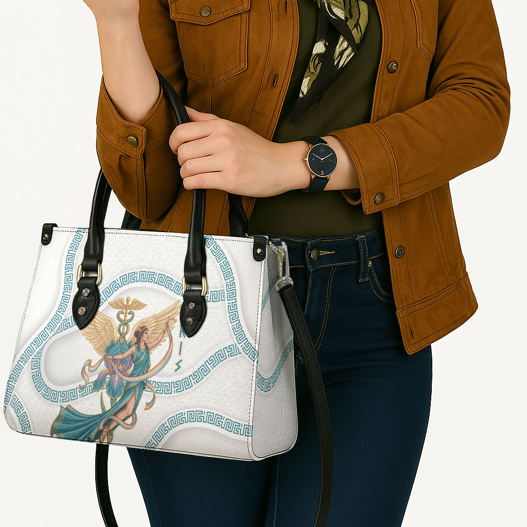Iris Goddess Leather Bag Winged Iris Caduceus Staff Rainbow Ribbon Greek Key