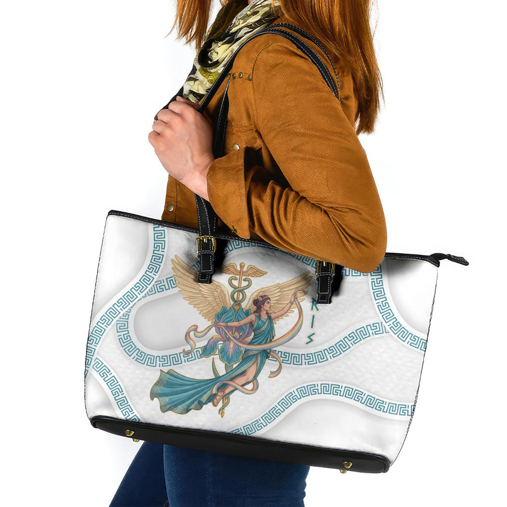 Iris Goddess Leather Tote Bag Winged Iris Caduceus Staff Rainbow Ribbon Greek Key