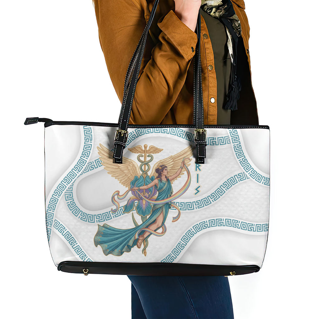 Iris Goddess Leather Tote Bag Winged Iris Caduceus Staff Rainbow Ribbon Greek Key