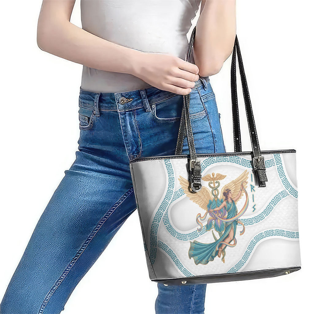 Iris Goddess Leather Tote Bag Winged Iris Caduceus Staff Rainbow Ribbon Greek Key
