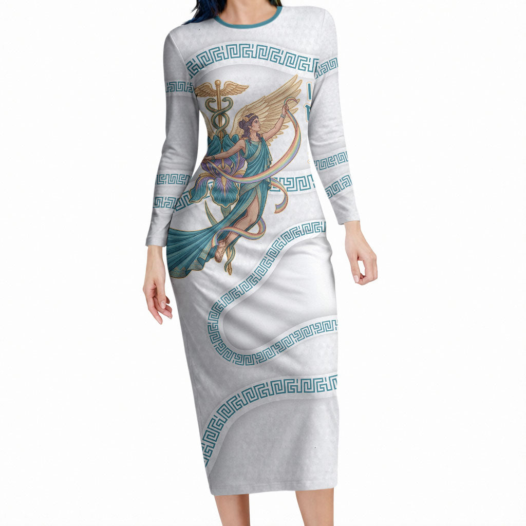 Iris Goddess Long Sleeve Bodycon Dress Winged Iris Caduceus Staff Rainbow Ribbon Greek Key