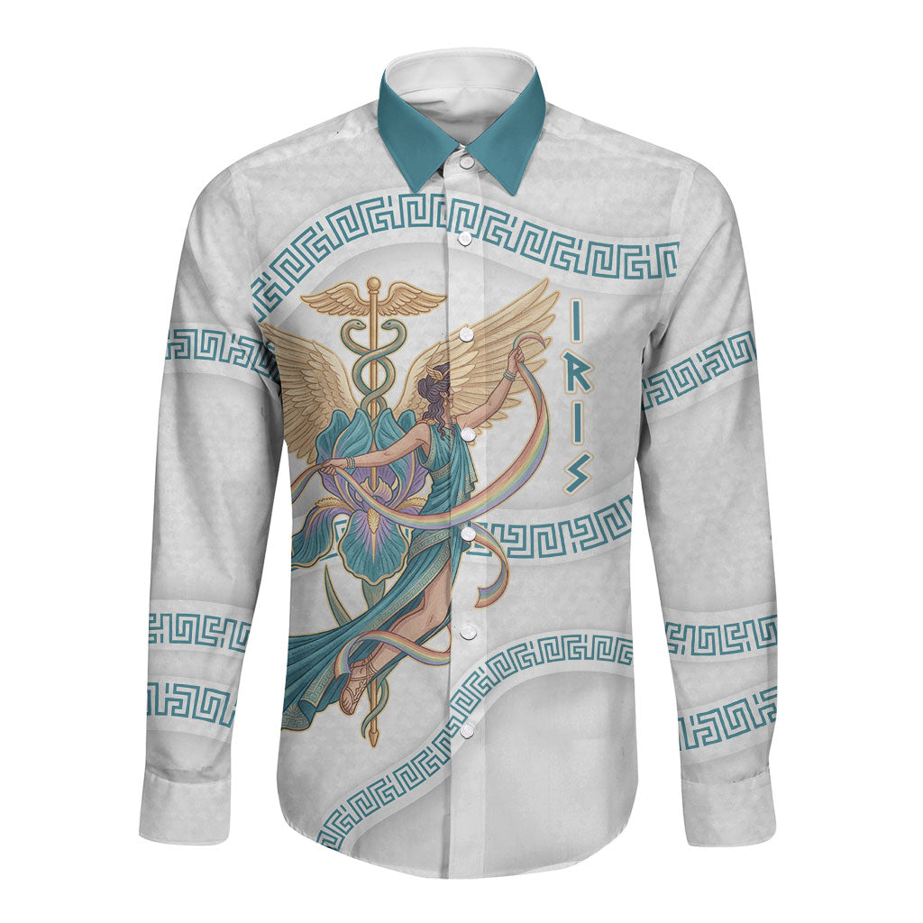 Iris Goddess Long Sleeve Button Shirt Winged Iris Caduceus Staff Rainbow Ribbon Greek Key
