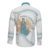 Iris Goddess Long Sleeve Button Shirt Winged Iris Caduceus Staff Rainbow Ribbon Greek Key
