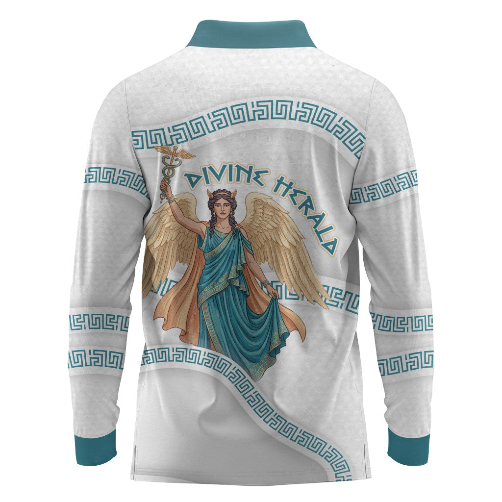 Iris Goddess Long Sleeve Polo Shirt Winged Iris Caduceus Staff Rainbow Ribbon Greek Key