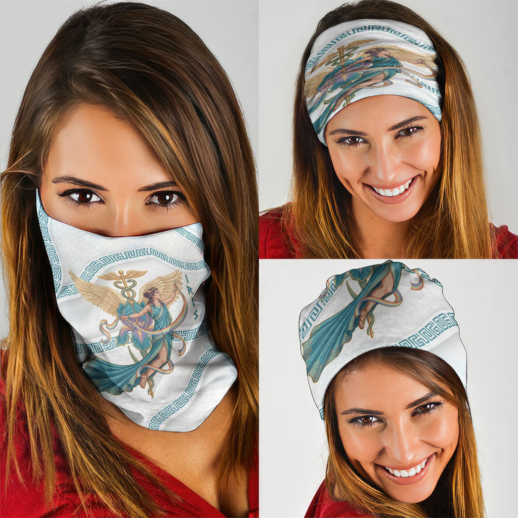 Iris Goddess Neck Gaiter Winged Iris Caduceus Staff Rainbow Ribbon Greek Key