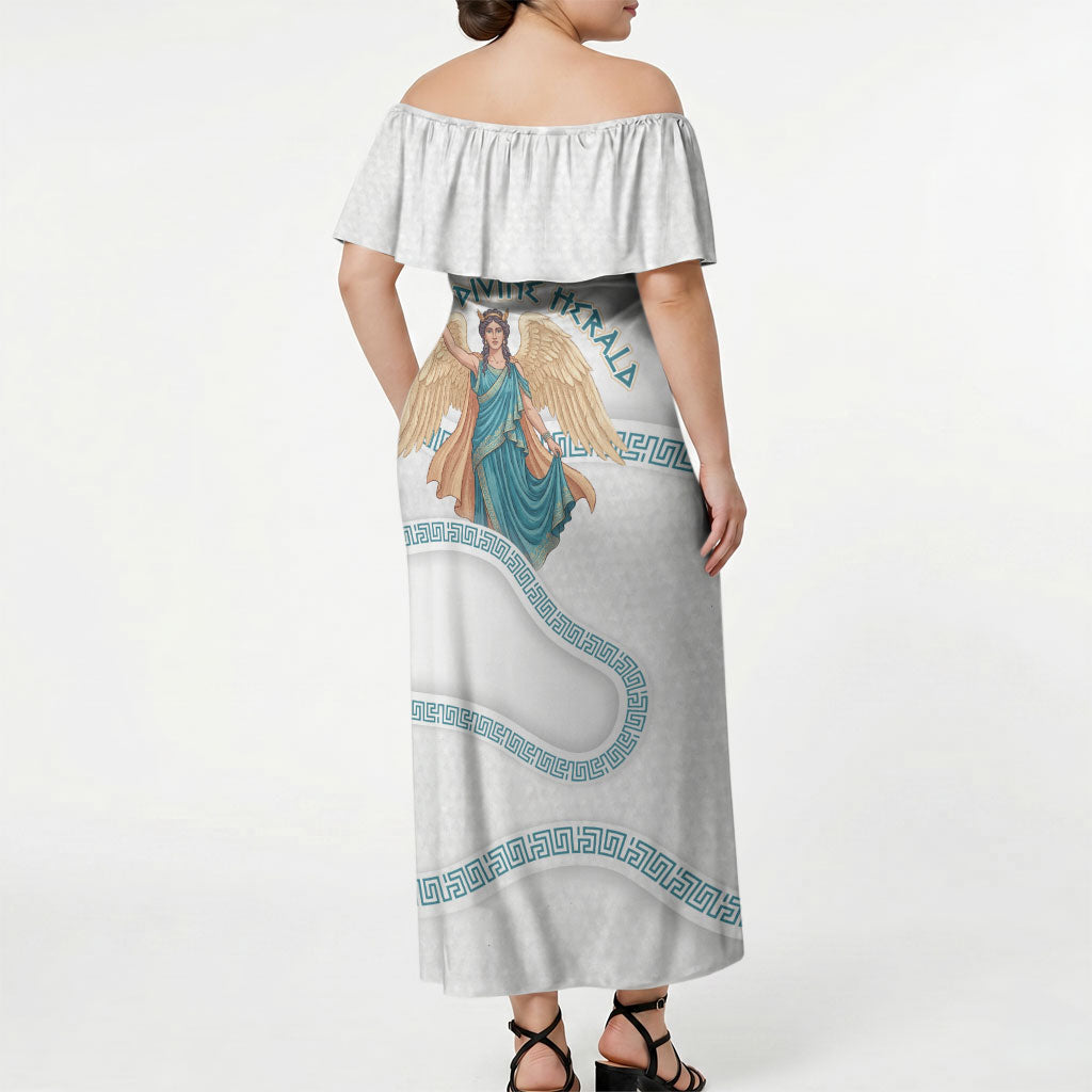 Iris Goddess Off Shoulder Maxi Dress Winged Iris Caduceus Staff Rainbow Ribbon Greek Key