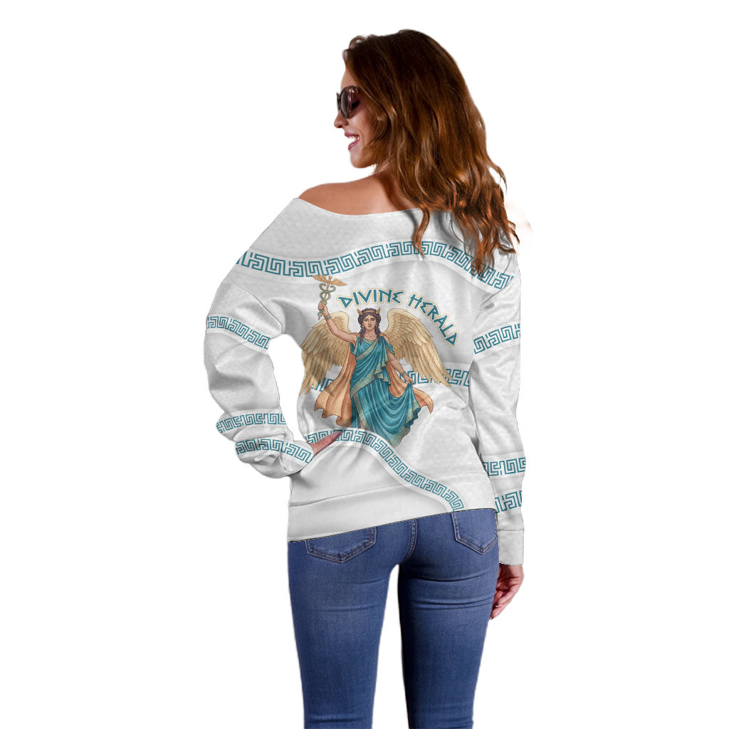 Iris Goddess Off Shoulder Sweater Winged Iris Caduceus Staff Rainbow Ribbon Greek Key