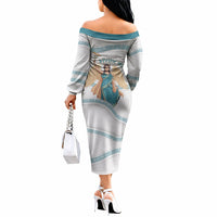 Iris Goddess Off The Shoulder Long Sleeve Dress Winged Iris Caduceus Staff Rainbow Ribbon Greek Key