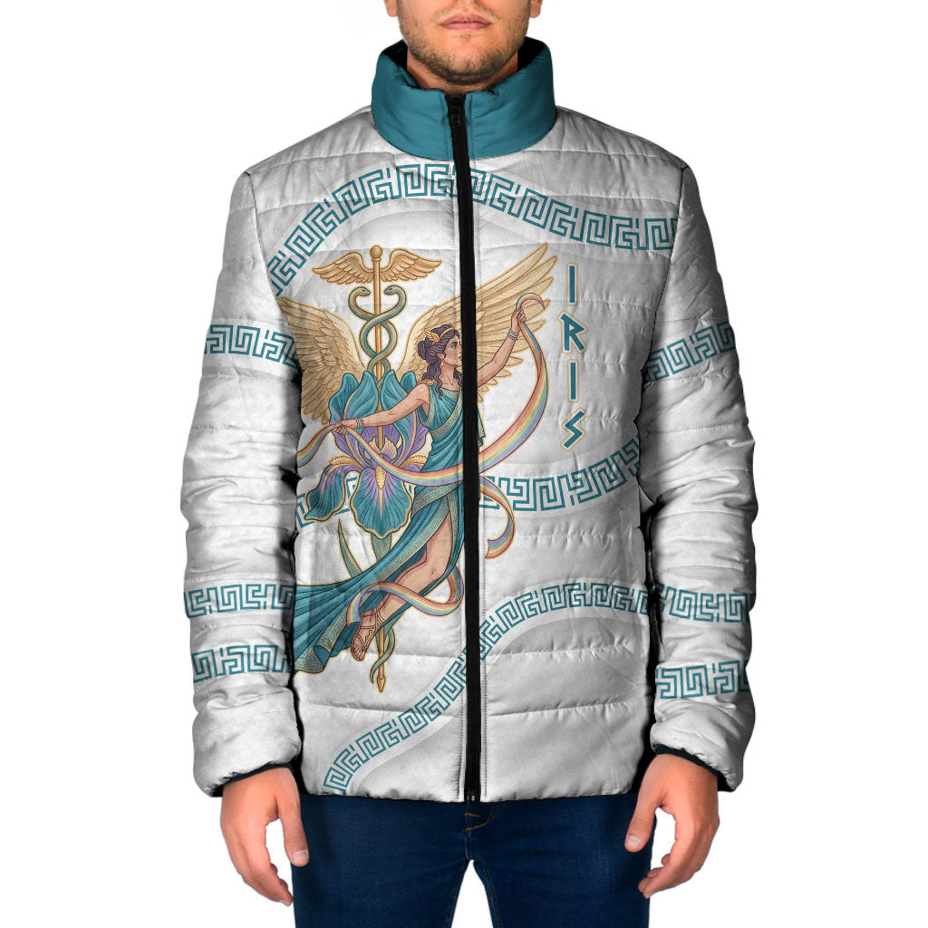 Iris Goddess Padded Jacket Winged Iris Caduceus Staff Rainbow Ribbon Greek Key