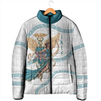 Iris Goddess Padded Jacket Winged Iris Caduceus Staff Rainbow Ribbon Greek Key