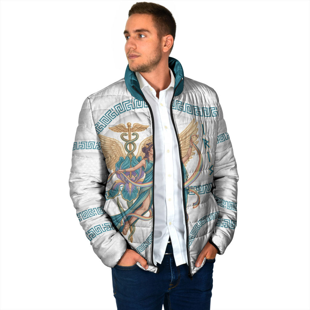 Iris Goddess Padded Jacket Winged Iris Caduceus Staff Rainbow Ribbon Greek Key