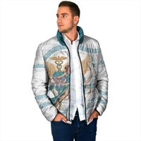 Iris Goddess Padded Jacket Winged Iris Caduceus Staff Rainbow Ribbon Greek Key