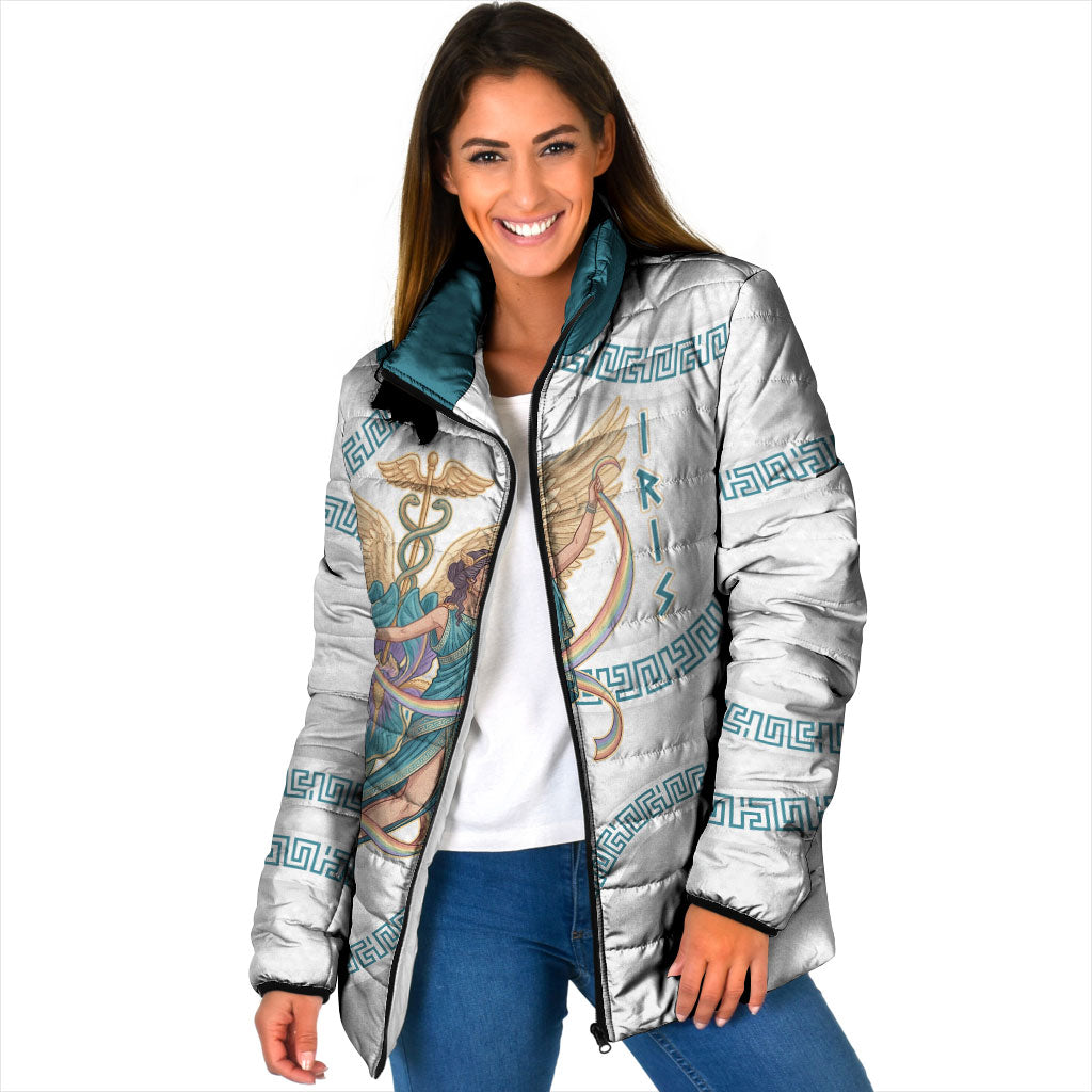 Iris Goddess Padded Jacket Winged Iris Caduceus Staff Rainbow Ribbon Greek Key