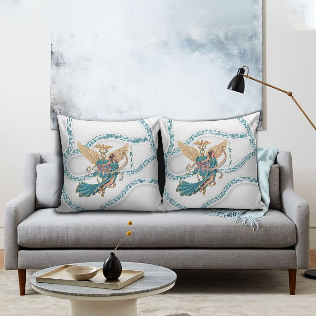 Iris Goddess Pillow Cover Winged Iris Caduceus Staff Rainbow Ribbon Greek Key