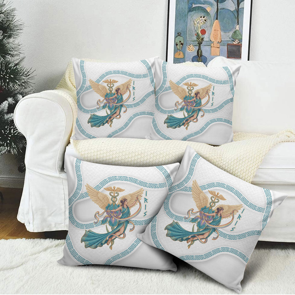 Iris Goddess Pillow Cover Winged Iris Caduceus Staff Rainbow Ribbon Greek Key