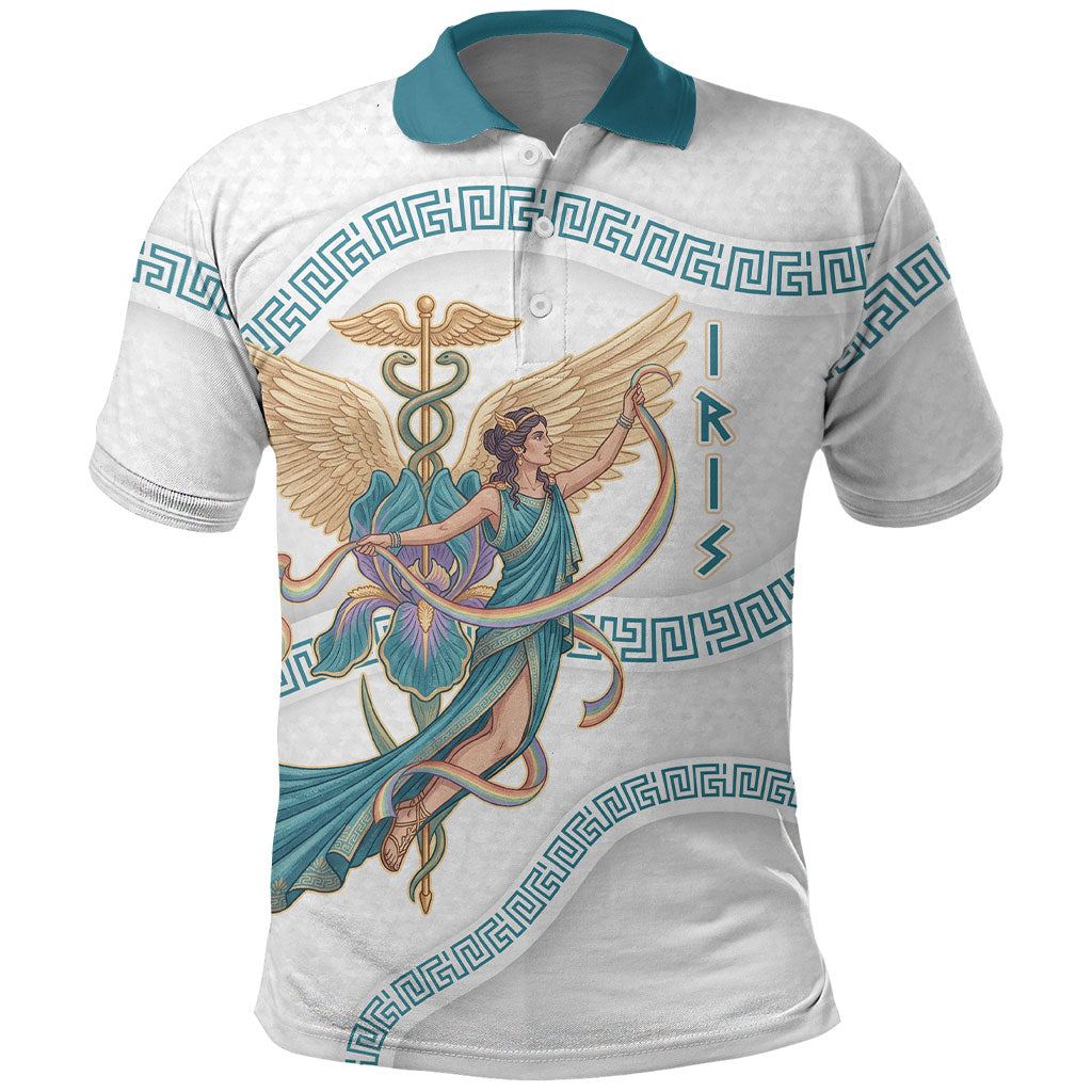 Iris Goddess Polo Shirt Winged Iris Caduceus Staff Rainbow Ribbon Greek Key