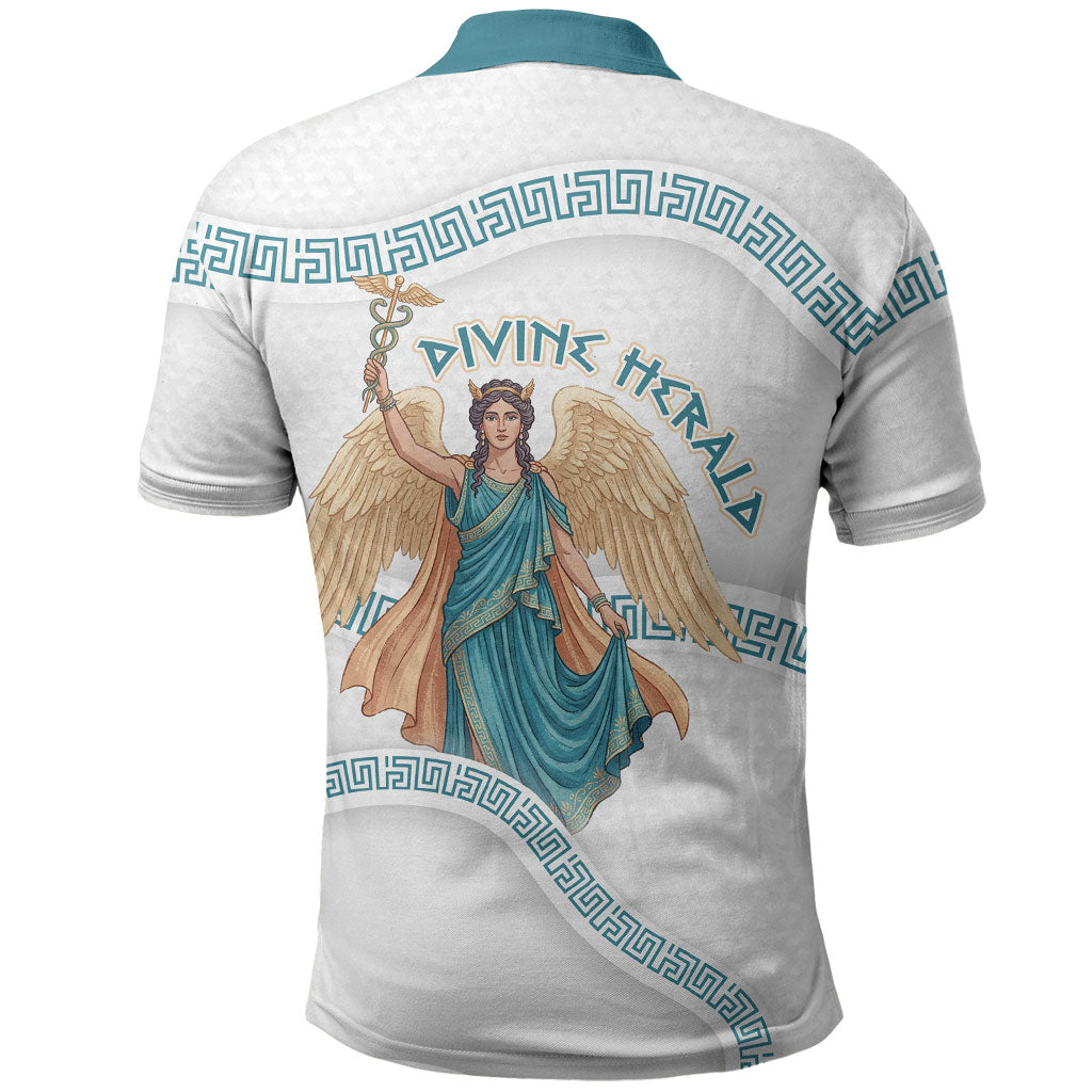 Iris Goddess Polo Shirt Winged Iris Caduceus Staff Rainbow Ribbon Greek Key