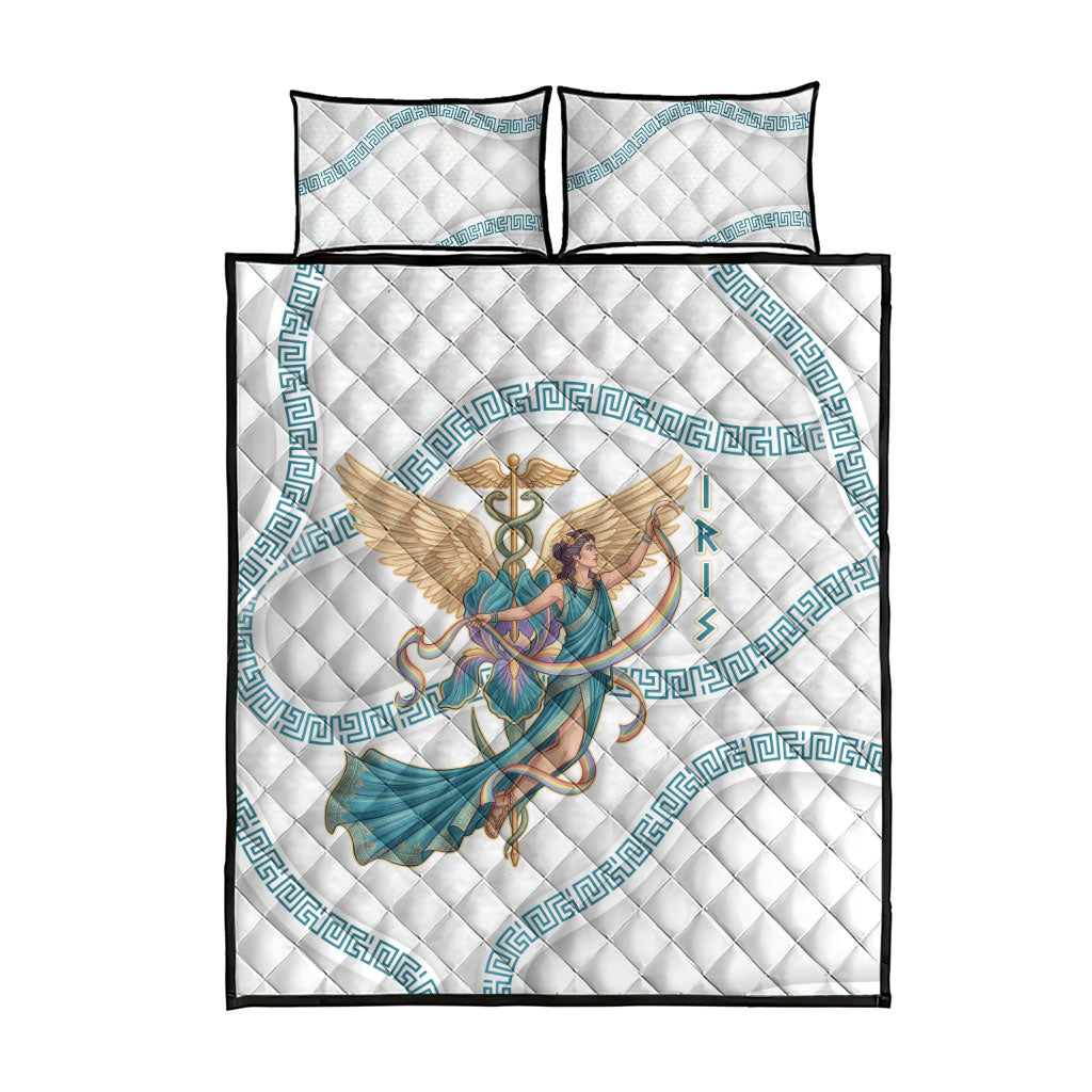 Iris Goddess Quilt Bed Set Winged Iris Caduceus Staff Rainbow Ribbon Greek Key