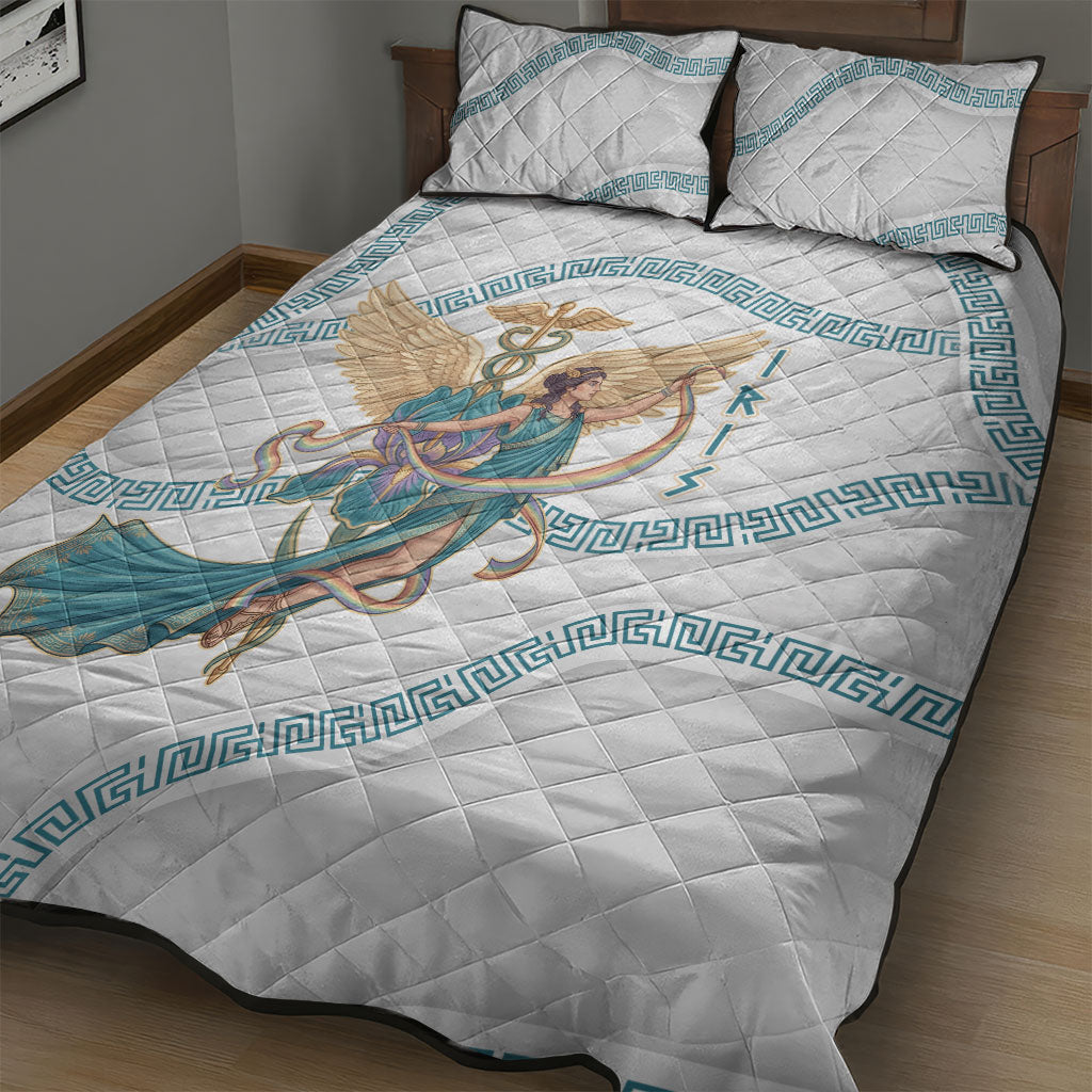 Iris Goddess Quilt Bed Set Winged Iris Caduceus Staff Rainbow Ribbon Greek Key
