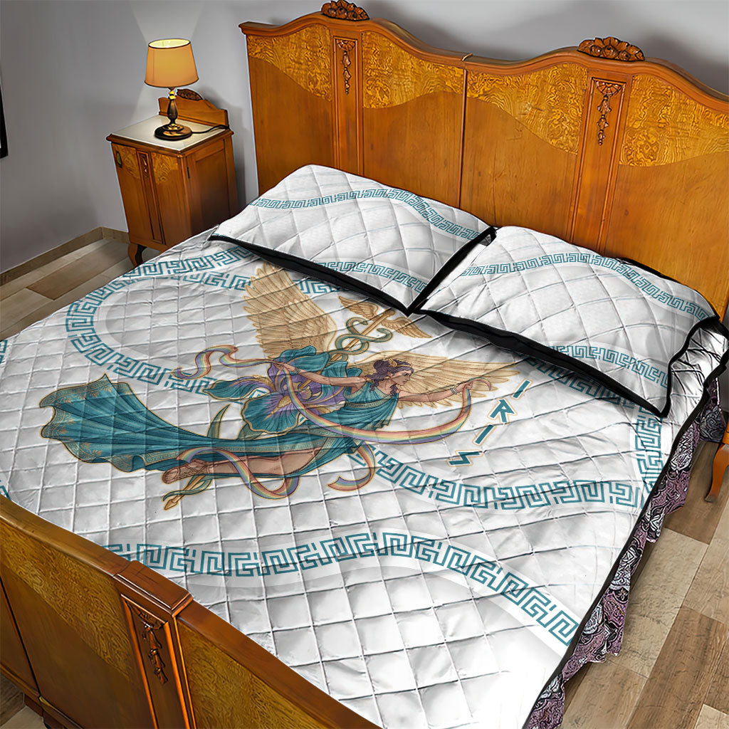 Iris Goddess Quilt Bed Set Winged Iris Caduceus Staff Rainbow Ribbon Greek Key