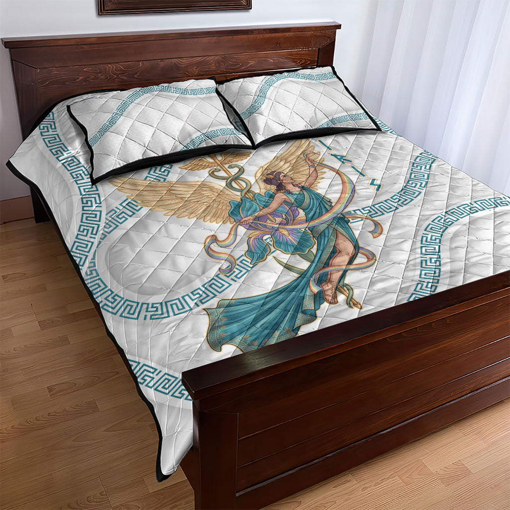 Iris Goddess Quilt Bed Set Winged Iris Caduceus Staff Rainbow Ribbon Greek Key