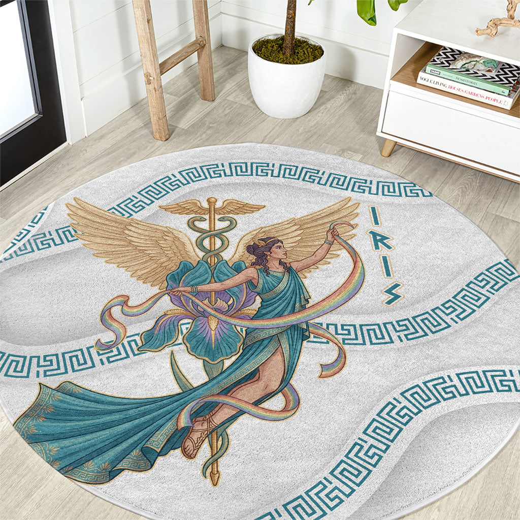 Iris Goddess Round Carpet Winged Iris Caduceus Staff Rainbow Ribbon Greek Key