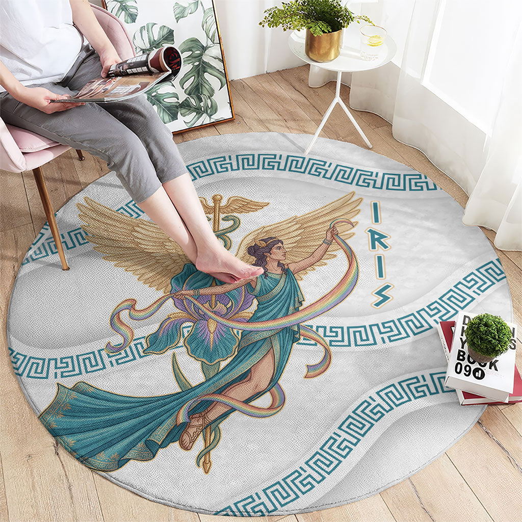 Iris Goddess Round Carpet Winged Iris Caduceus Staff Rainbow Ribbon Greek Key