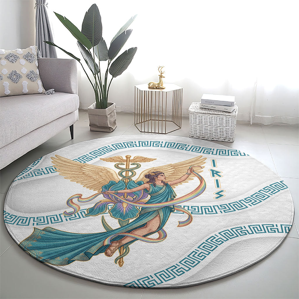 Iris Goddess Round Carpet Winged Iris Caduceus Staff Rainbow Ribbon Greek Key