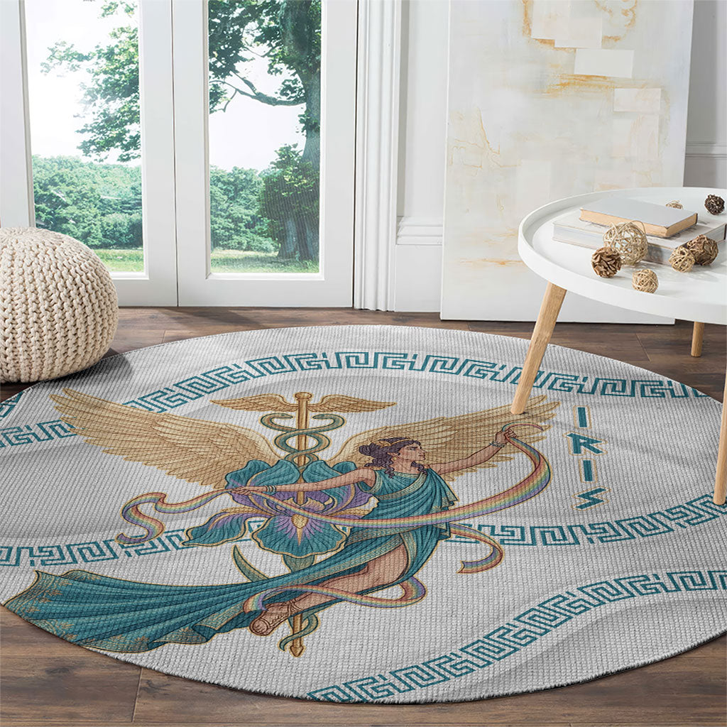 Iris Goddess Round Carpet Winged Iris Caduceus Staff Rainbow Ribbon Greek Key