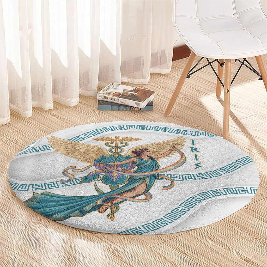 Iris Goddess Round Carpet Winged Iris Caduceus Staff Rainbow Ribbon Greek Key
