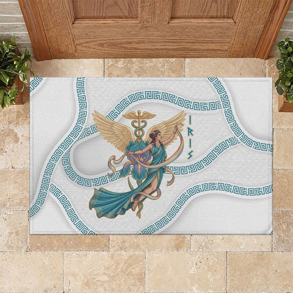 Iris Goddess Rubber Doormat Winged Iris Caduceus Staff Rainbow Ribbon Greek Key