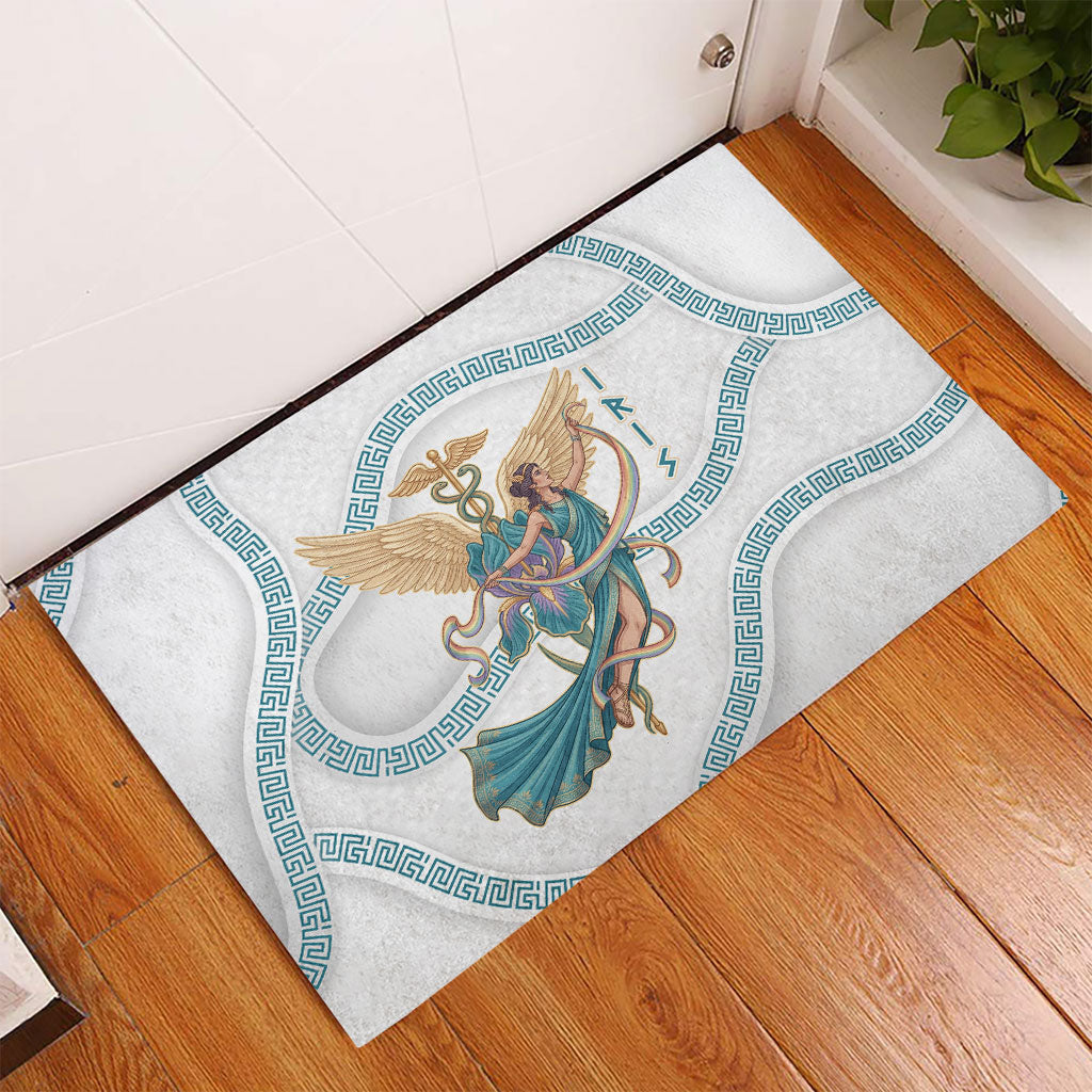 Iris Goddess Rubber Doormat Winged Iris Caduceus Staff Rainbow Ribbon Greek Key