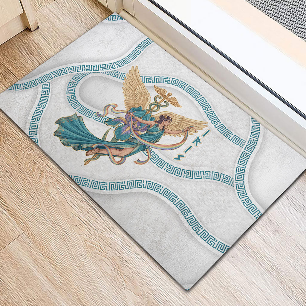 Iris Goddess Rubber Doormat Winged Iris Caduceus Staff Rainbow Ribbon Greek Key