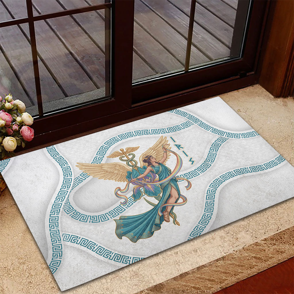 Iris Goddess Rubber Doormat Winged Iris Caduceus Staff Rainbow Ribbon Greek Key