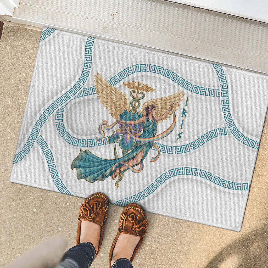 Iris Goddess Rubber Doormat Winged Iris Caduceus Staff Rainbow Ribbon Greek Key