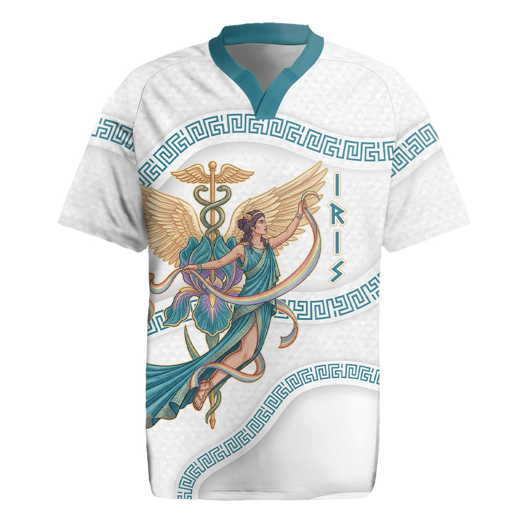 Iris Goddess Rugby Jersey Winged Iris Caduceus Staff Rainbow Ribbon Greek Key