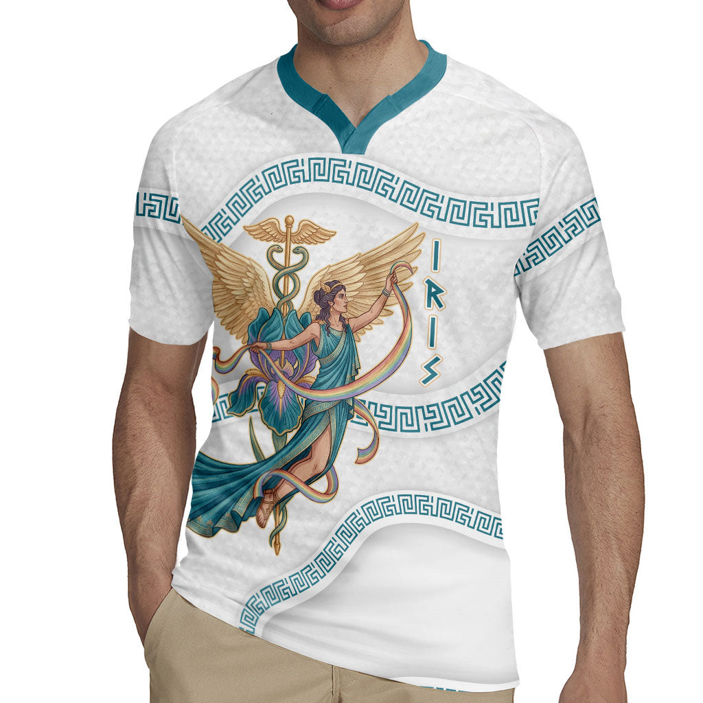 Iris Goddess Rugby Jersey Winged Iris Caduceus Staff Rainbow Ribbon Greek Key