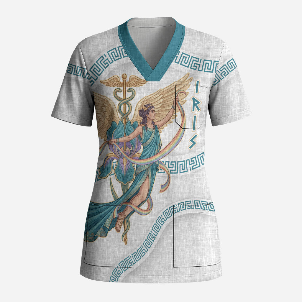 Iris Goddess Scrub Top Winged Iris Caduceus Staff Rainbow Ribbon Greek Key