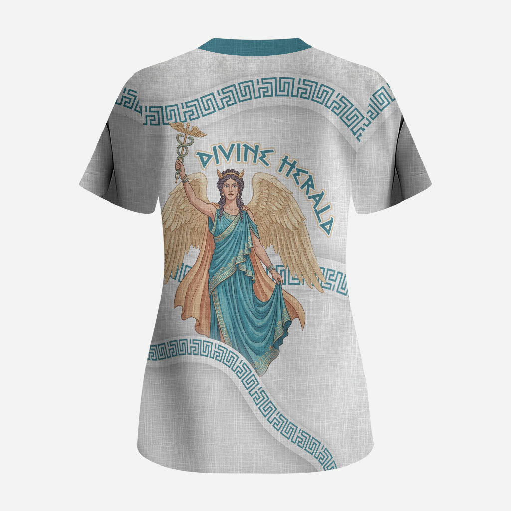 Iris Goddess Scrub Top Winged Iris Caduceus Staff Rainbow Ribbon Greek Key