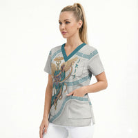 Iris Goddess Scrub Top Winged Iris Caduceus Staff Rainbow Ribbon Greek Key