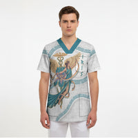 Iris Goddess Scrub Top Winged Iris Caduceus Staff Rainbow Ribbon Greek Key