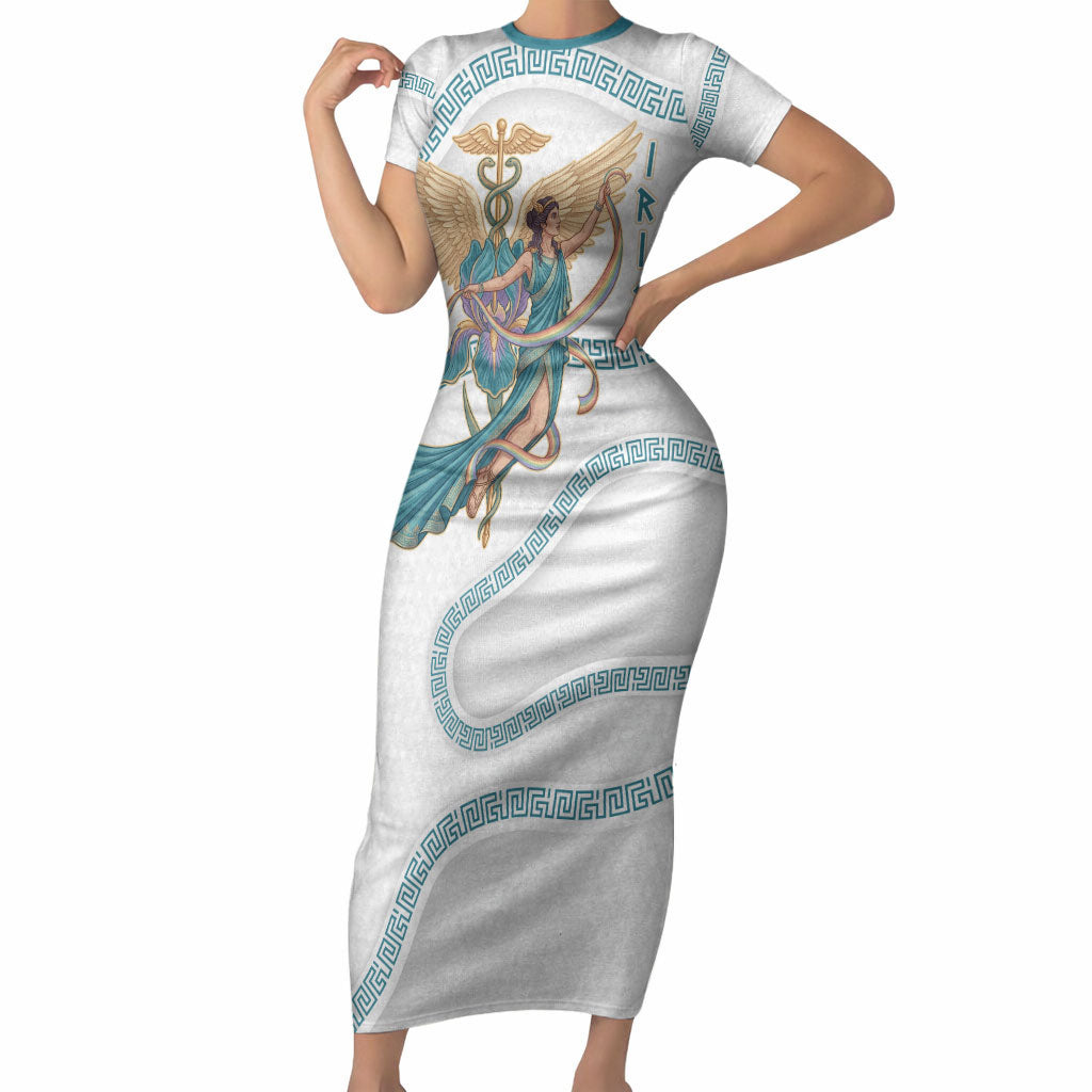 Iris Goddess Short Sleeve Bodycon Dress Winged Iris Caduceus Staff Rainbow Ribbon Greek Key