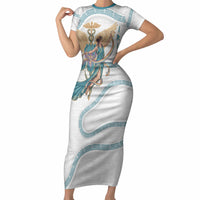 Iris Goddess Short Sleeve Bodycon Dress Winged Iris Caduceus Staff Rainbow Ribbon Greek Key